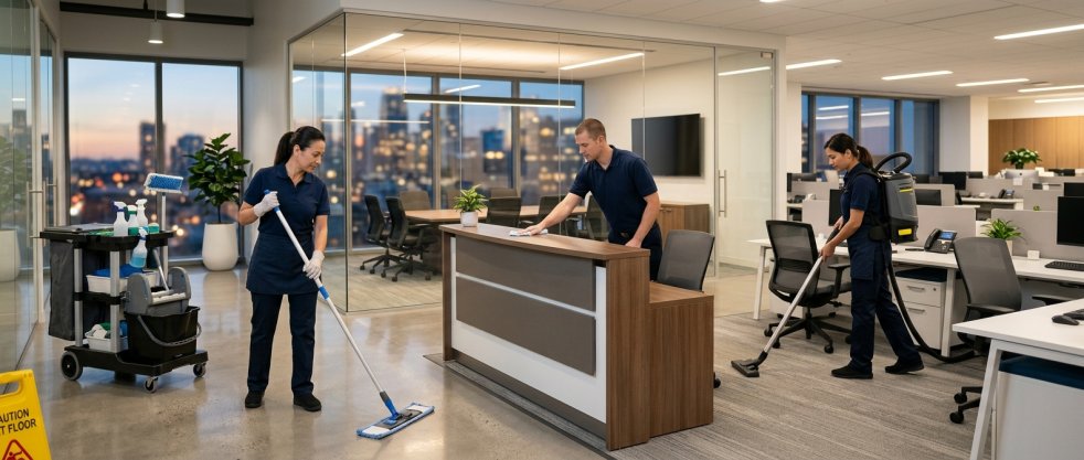 Cleaning crew mopping, wiping desks, and vacuuming in a modern office reception and workspace at night