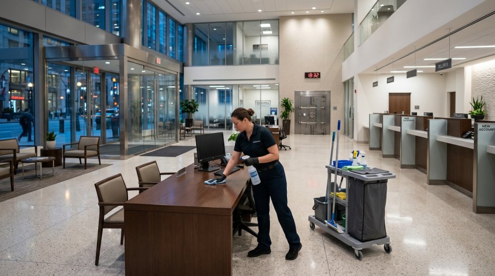 Cleaner disinfecting a desk in a bank lobby with janitorial cart and teller counters nearby