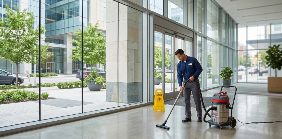 Porter vacuuming floor in a modern office building lobby near glass entrance doors and caution wet floor sign