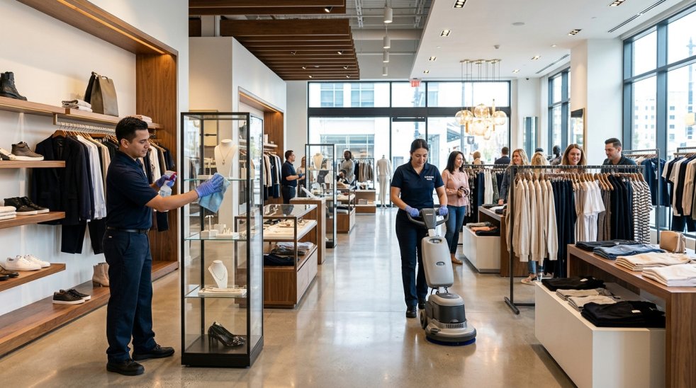 Cleaning staff sanitizing displays and scrubbing floors inside a busy retail clothing store during business hours