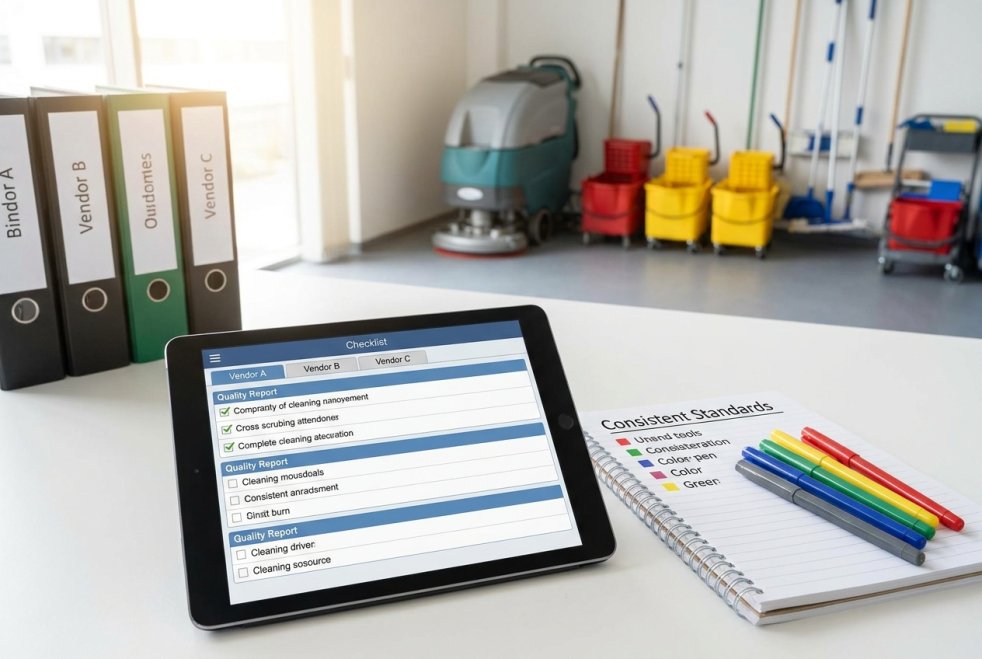 Tablet checklist beside cleaning supplies and vendor binders in a facility manager's quality control workspace