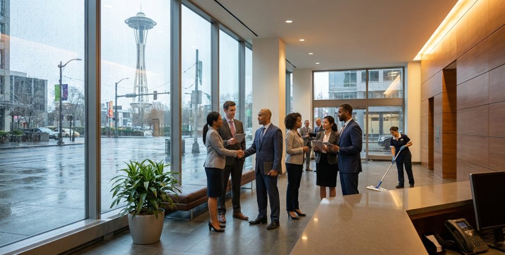 Seattle office lobby with business professionals meeting and a cleaner mopping near the Space Needle on a rainy day