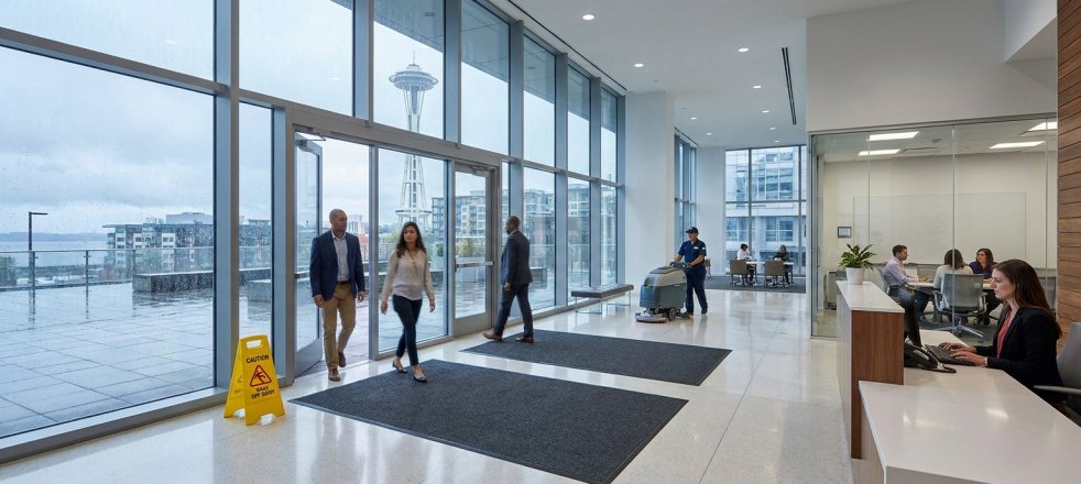 Facility manager cleaning a modern Seattle office lobby with rain-soaked entry mats and workers nearby