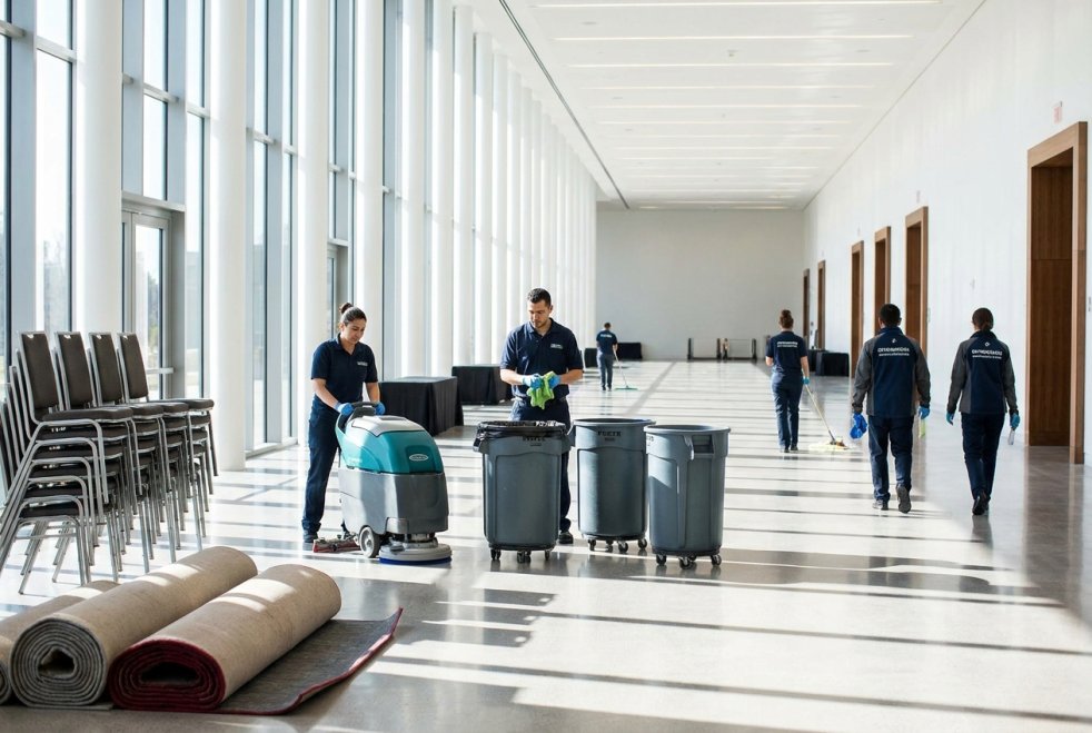 Cleaning crew with floor scrubber and trash bins in a bright event hall after a large gathering